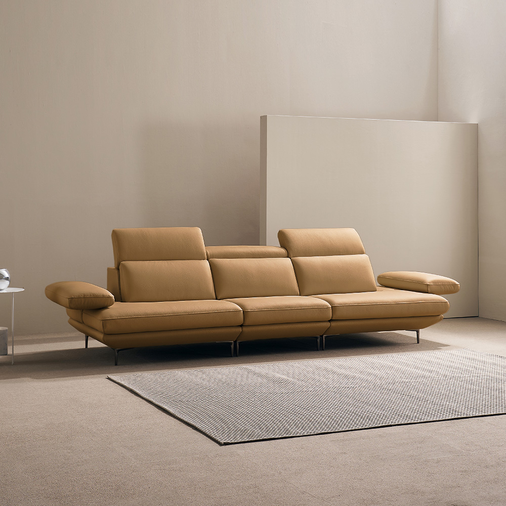 쉐우드가구 모담 이태리 천연통가죽 팔걸이 스윙 소파 밀키카멜, 4인용