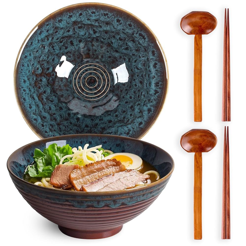 Tacuhy 1.2L(40온스) 일본 세라믹 라면 우동 (공작 세트, 국수용 꼬리) 포 2개 스푼 아시아 포함, 젓가락과 수프 그릇 Blue Glaze - 상품 이미지