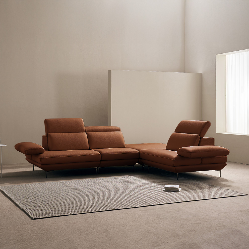 쉐우드가구 모담 이태리 천연통가죽 팔걸이 스윙 소파 카멜브라운, 코너형 6인용