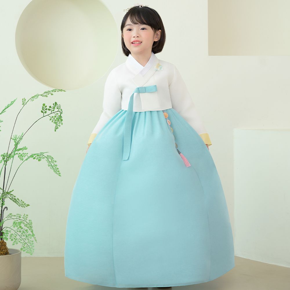 한예빔 HB70001 하늘루아 여아 아동 한복 드레스 어린이집 설날 추석빔 화이트 저고리 - 상품 이미지