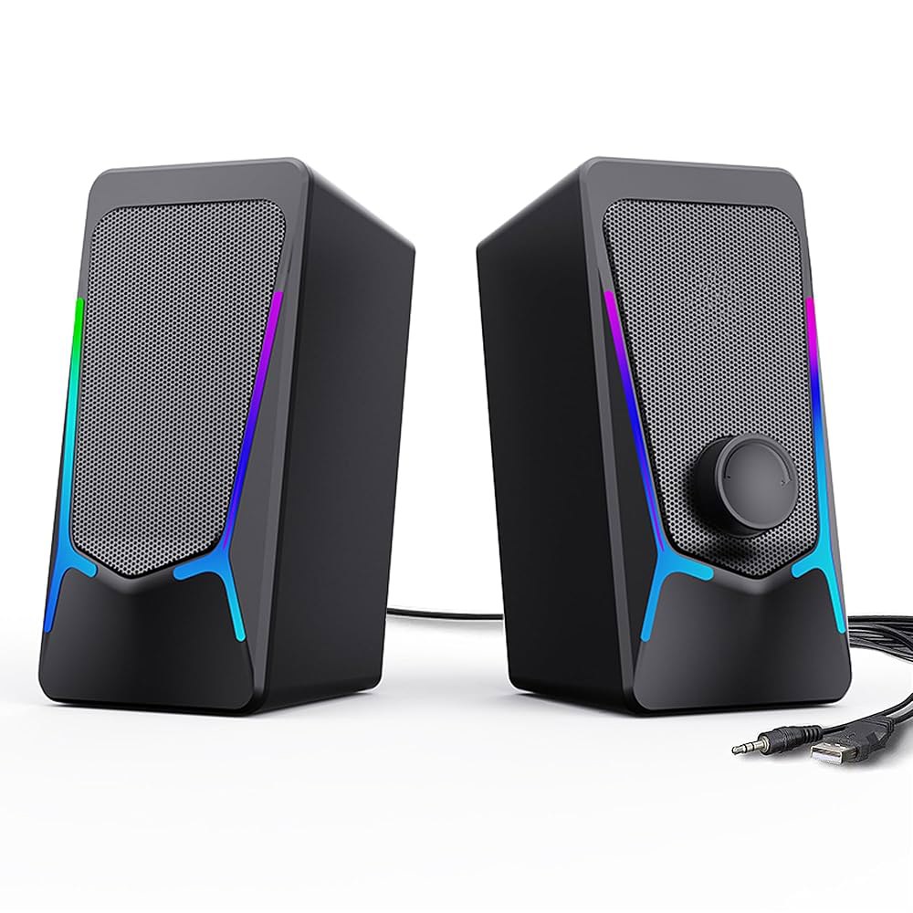 ROSON 컴퓨터 스피커, 향상된 저음 및 볼륨 조절 기능을 갖춘 게이밍 PC 스테레오 2.0 USB 전원 3.5mm 보조 멀티미디어 노트북/데스크탑/태블릿/폰용 - 상품 이미지
