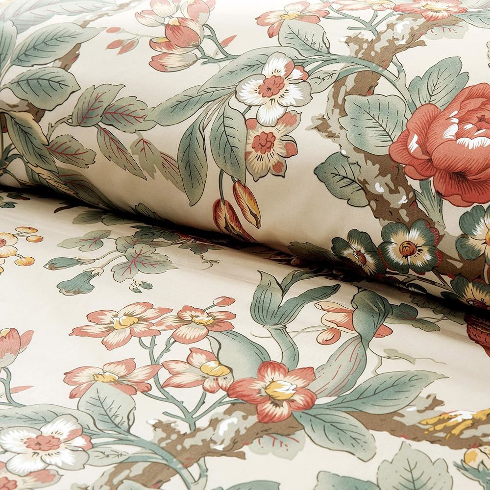 Eikei Home Chinoiserie 시크 공작 이불 파라다이스 보태니컬 (퀸, 면 꽃무늬 가든 가을 침구 빈티지 레드) 새와 세트 나뭇가지 스테이플 커버 스타일 - 상세 이미지 3