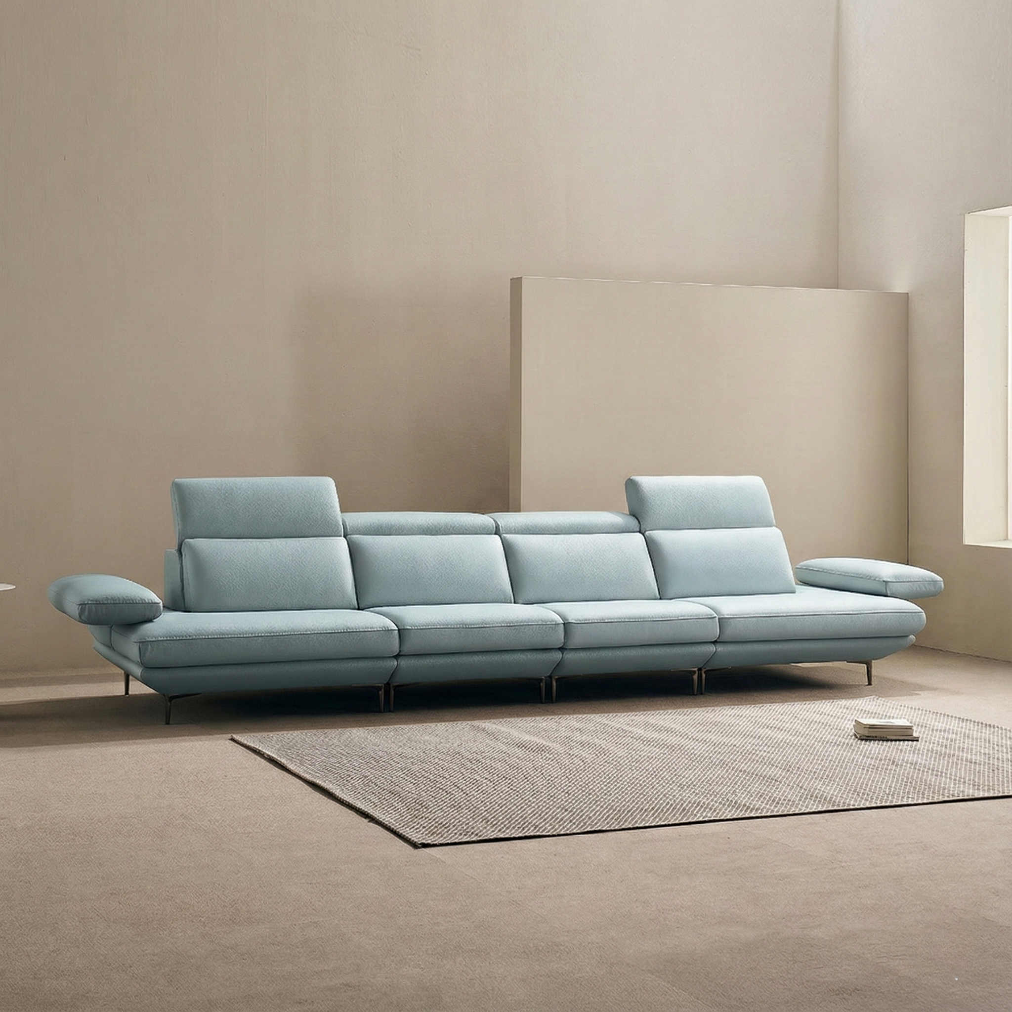 쉐우드가구 모담 이태리 천연통가죽 팔걸이 스윙 소파 파스텔블루, 6인용