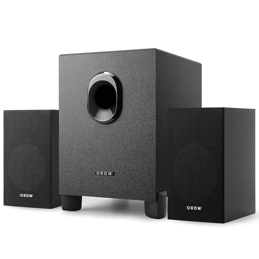 OROW S211 새로운 USB 구동 2.1 멀티미디어 스피커 시스템, 서브우퍼, 16W 컴퓨터 스피커, 강력한 베이스, 3.5mm 오디오 입력, PC / PS4 TV (목재)에 - 상품 이미지