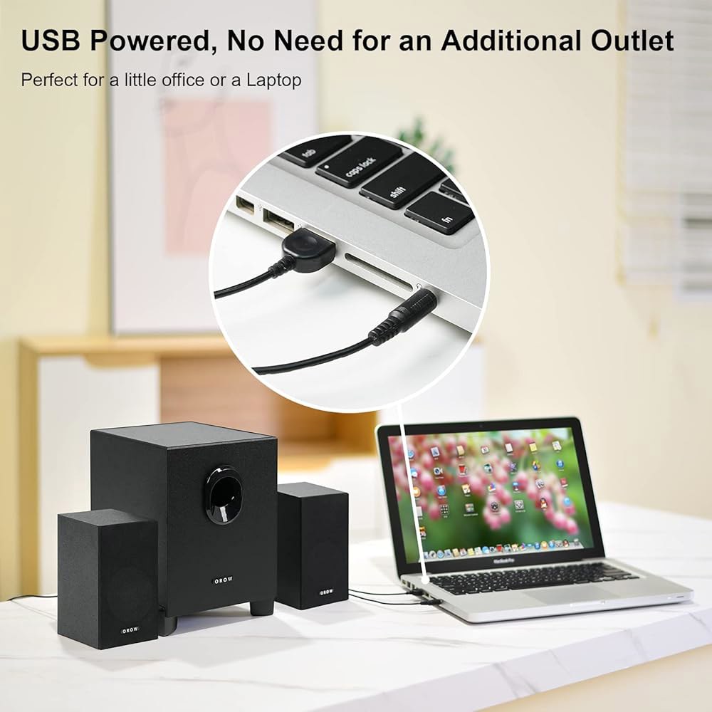 OROW S211 새로운 USB 구동 2.1 멀티미디어 스피커 시스템, 서브우퍼, 16W 컴퓨터 스피커, 강력한 베이스, 3.5mm 오디오 입력, PC / PS4 TV (목재)에 - 상세 이미지 2