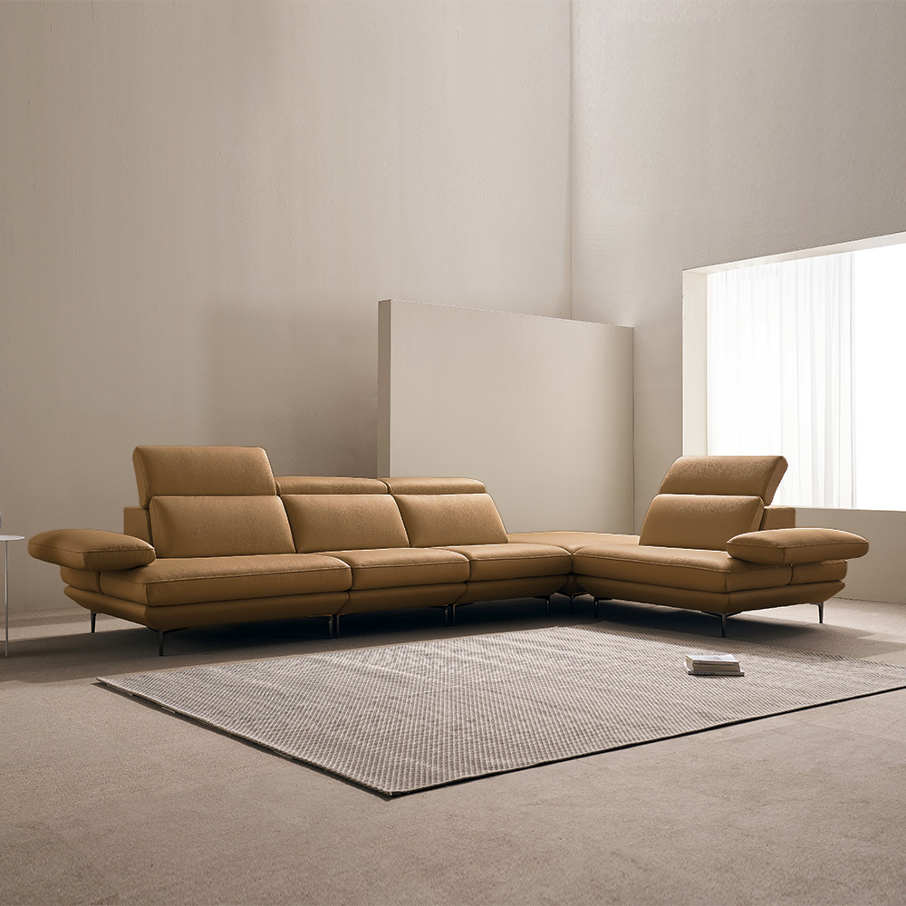 쉐우드가구 모담 이태리 천연통가죽 팔걸이 스윙 소파 밀키카멜, 코너형 8인용