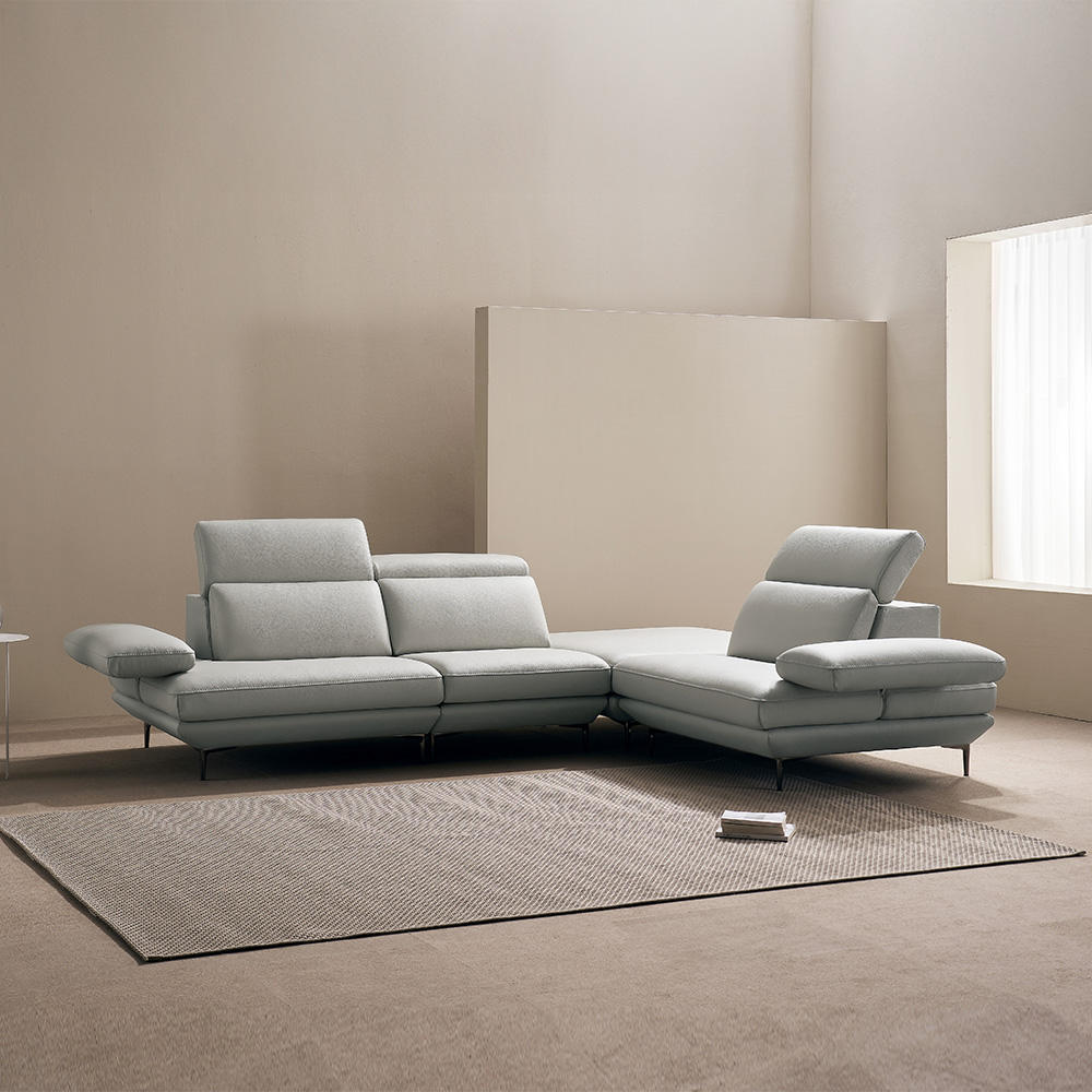 쉐우드가구 모담 이태리 천연통가죽 팔걸이 스윙 소파 라이트그레이, 코너형 6인용