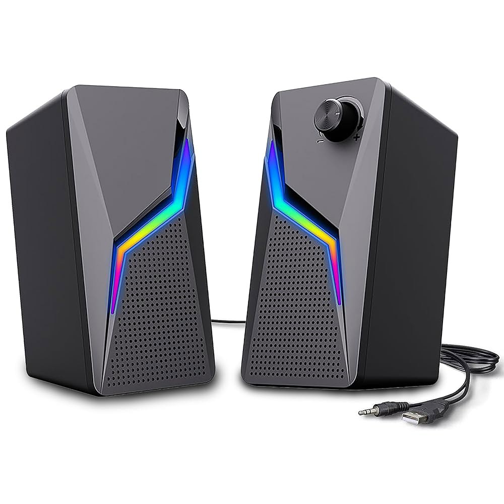 ROSON 컴퓨터 스피커, 향상된 저음 및 볼륨 조절 기능을 갖춘 PC 게이밍 스테레오 2.0 USB 전원 3.5mm 보조 멀티미디어 노트북/데스크탑/태블릿/폰용 - 상품 이미지