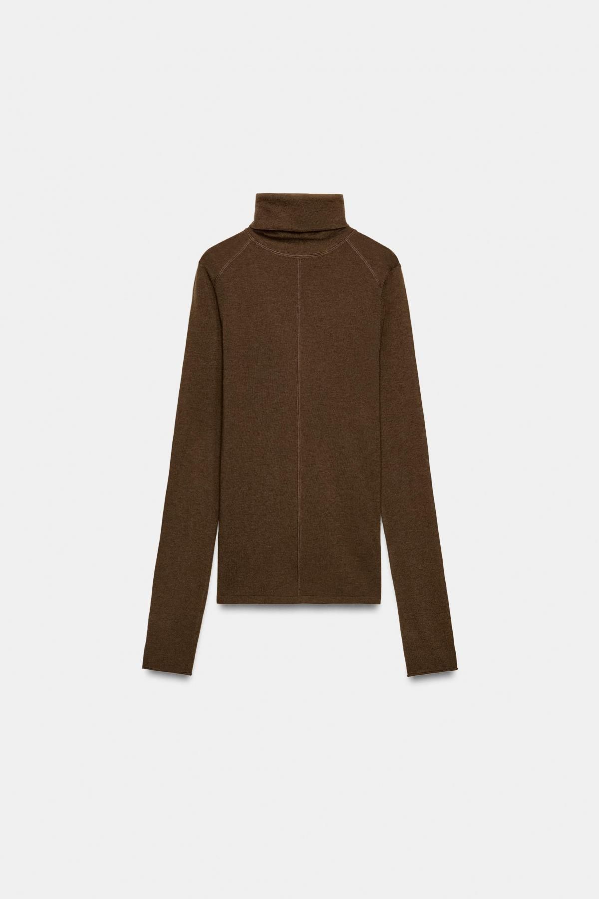 자라 프리미엄 울 하이넥 니트 탑 브라운 2142/001 KHAKI