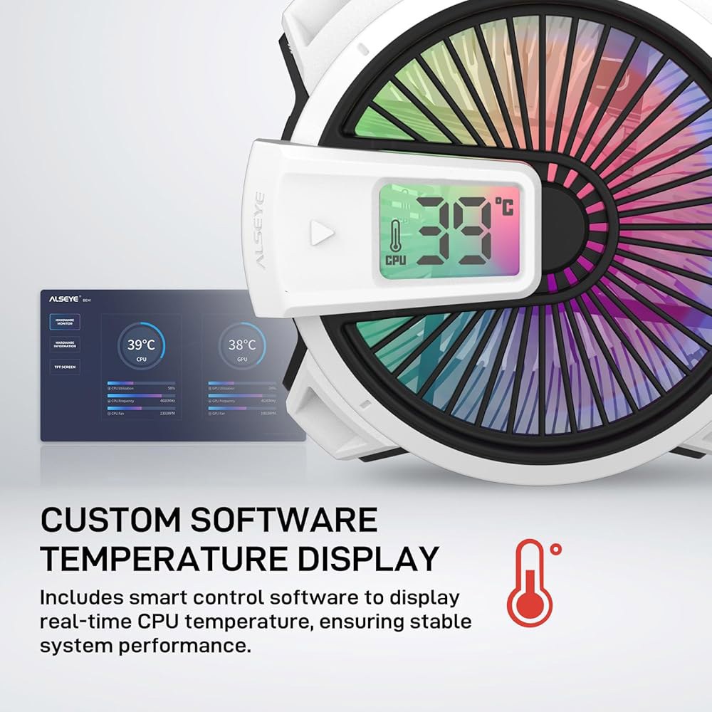 ALSEYE W90 CPU 쿨러, 강력한 90mm ARGB 조명 팬과 40mm 고성능 히트 컬럼 내부를 갖춘 소형 PC 케이스용 온도 표시 쿨러(W90 인텔 버전) - 상세 이미지 2
