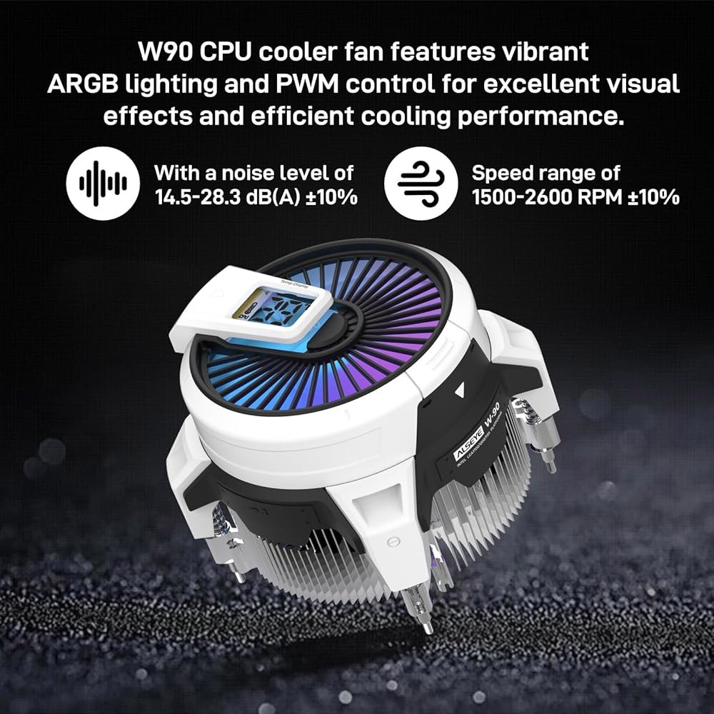 ALSEYE W90 CPU 쿨러, 강력한 90mm ARGB 조명 팬과 40mm 고성능 히트 컬럼 내부를 갖춘 소형 PC 케이스용 온도 표시 쿨러(W90 인텔 버전) - 상세 이미지 3