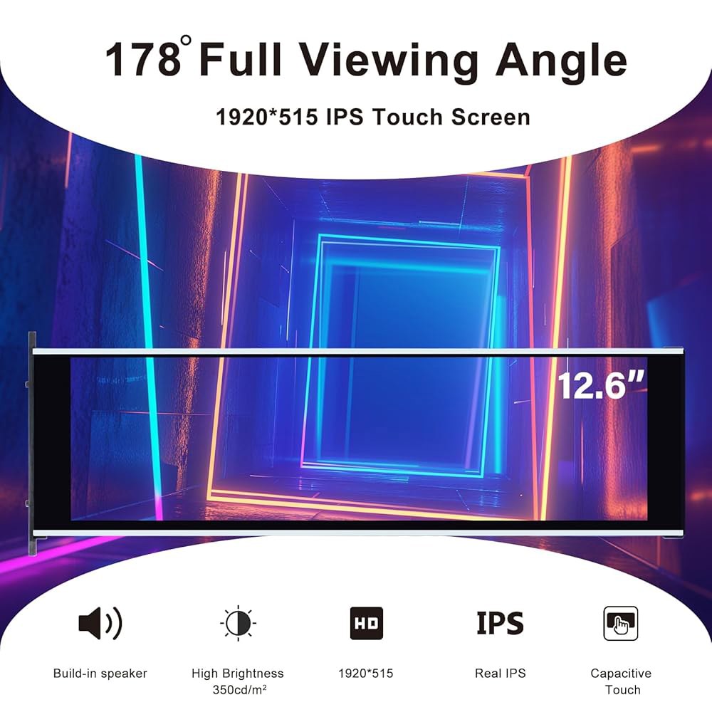GeeekPi 12.6인치 IPS LCD 터치 스크린 모니터 FHD 1920x515 디스플레이, Hyte Y60 PC 케이스 CPU 보조 패널에 적합, 내장 듀얼 스피커, 플러그 - 상세 이미지 3