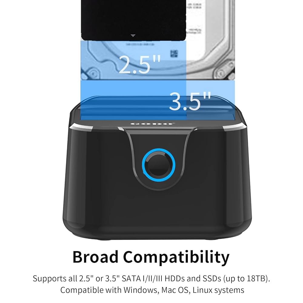 GOODO 싱글 하드 드라이브 도킹 스테이션 USB 3.0에서 SATA III로 2.5/3.5인치 HDD SSD, UASP가 장착된 외장 도크(5Gbps), 오프라인 클론 및 최대 - 상세 이미지 2