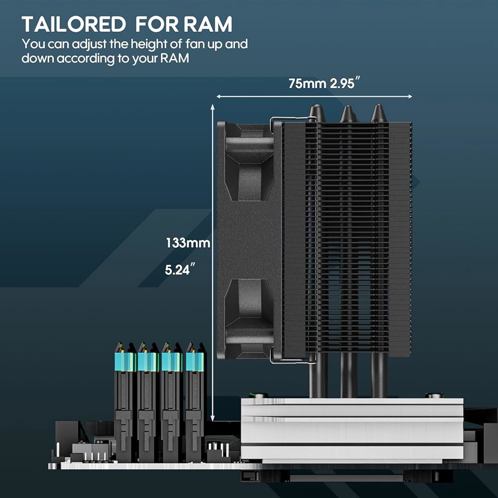 베트루 V3 CPU 에어쿨러, ARGB 조명 및 PWM 스마트 컨트롤 - 높이 133mm 92mm 팬, 직접 히트 파이프, 알루미늄 핀, AMD AM4 / AM5 인텔 LGA185 - 상세 이미지 2