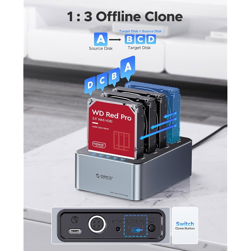 오프라인 클론 4 베이 알루미늄 USB 3.2 1세대 2.5인치 /3.5인치 SSD HDD가 장착된 ORICO USB-C 하드 드라이브 도킹 스테이션 최대 20TB(4 20) -6 - 상세 이미지 2