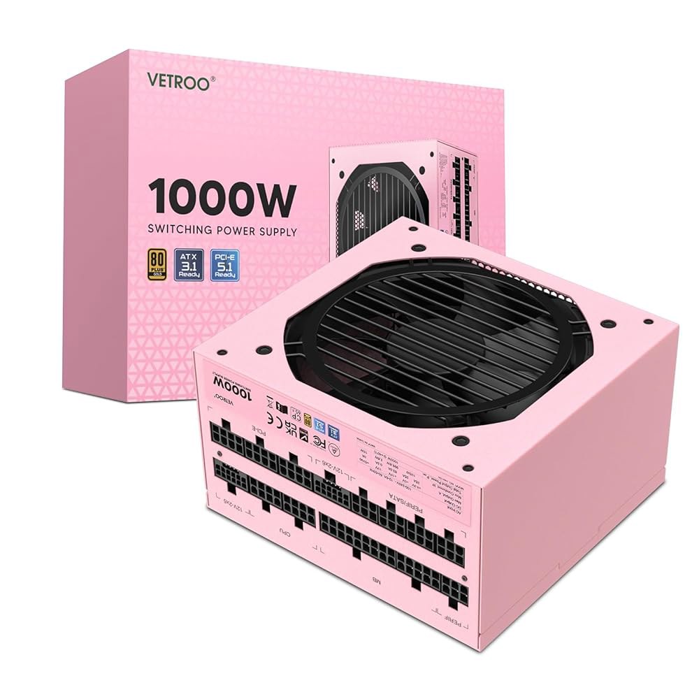 베트루 1000W 핑크 전원 공급 장치 ATX 3.1 레디 듀얼 PCIe 5.1, 80 플러스 골드 풀 모듈러, 120mm FDB 팬 포함 에코 모드, 컴팩트 사이즈, 게이밍 PC - 상품 이미지