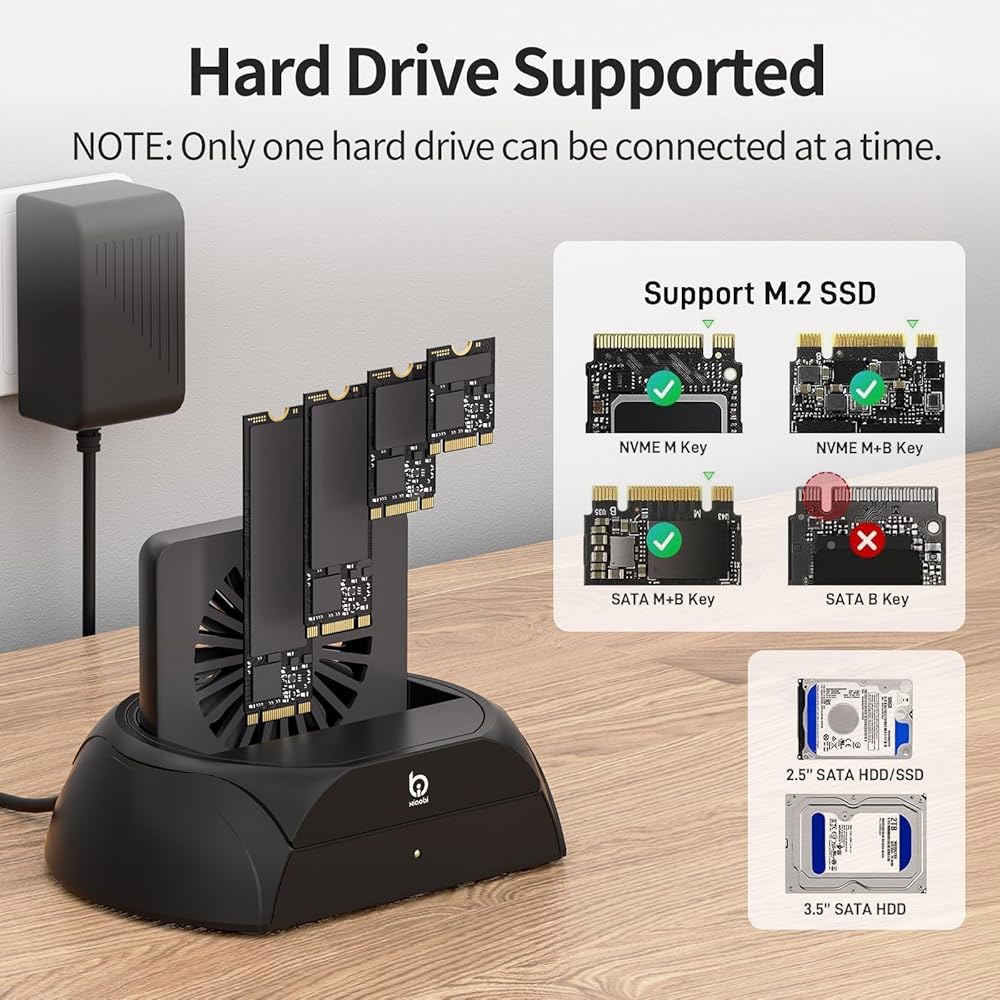 하드 드라이브 도킹 스테이션, 냉각 팬이 장착된 PCIe NVMe 어댑터, M.2 /SATA SSD 및 2.5인치 3.5인치 SATA HDD SSD와 호환되는 외장 리더 - 상세 이미지 3