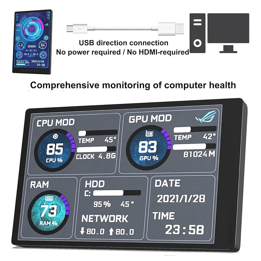 3.5인치 IPS USB 미니 화면, PC ARGB 컴퓨터 케이스 보조 화면 CPU RAM HDD 데이터 모니터용 AIDA64 온도 표시 필요 없음 Black - 상세 이미지 3