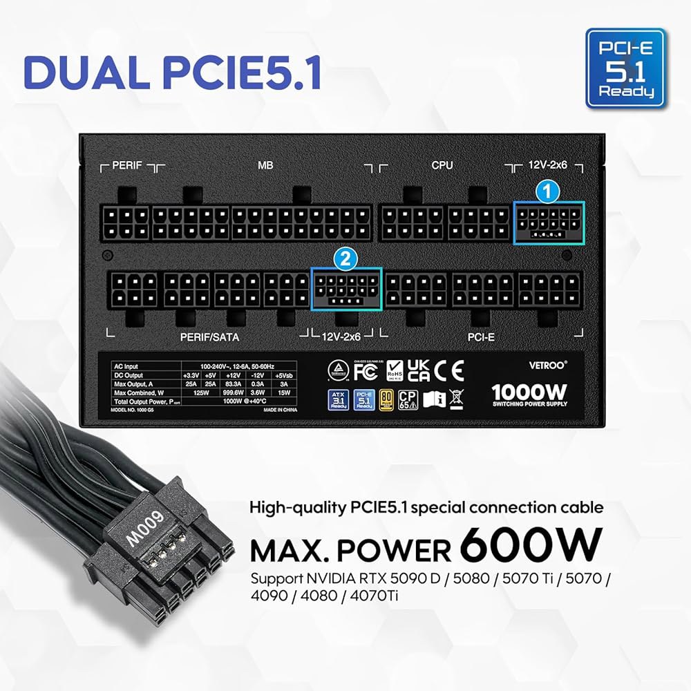 베트루 1000W 블랙 전원 공급 장치 ATX 3.1 레디 듀얼 PCIe 5.1, 80 플러스 골드 풀 모듈러, 120mm FDB 팬 포함 에코 모드, 컴팩트 사이즈, 게이밍 PC - 상세 이미지 2