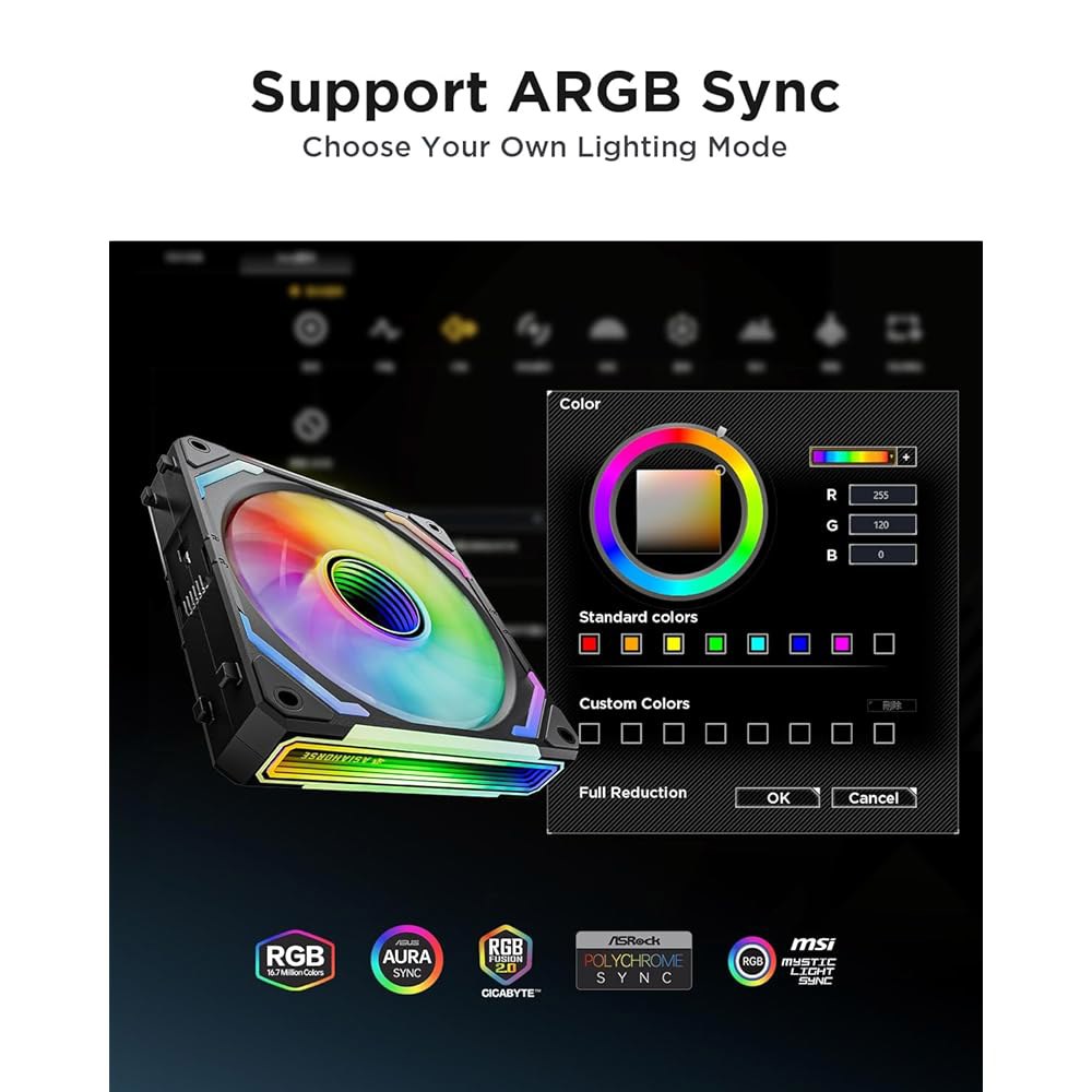 아시아호스 COSMIQ 120mm PC RGB 팬 컴퓨터 케이스 팬, 5V 3핀 커넥터 데이지 체인 PWM 냉각 및 CPU 액체 냉각기용 컨트롤러(블랙 포워드, 블랙-3) - 상세 이미지 3