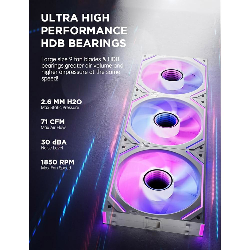 AsiaHorse Dawn Pro 120mm 케이스 팬, ARGB PWM 1850RPM / 68CFM 공기 흐름, 순방향 및 역방향 블레이드 디자인, 저소음, 정밀 HDB 베어링 - 상세 이미지 3