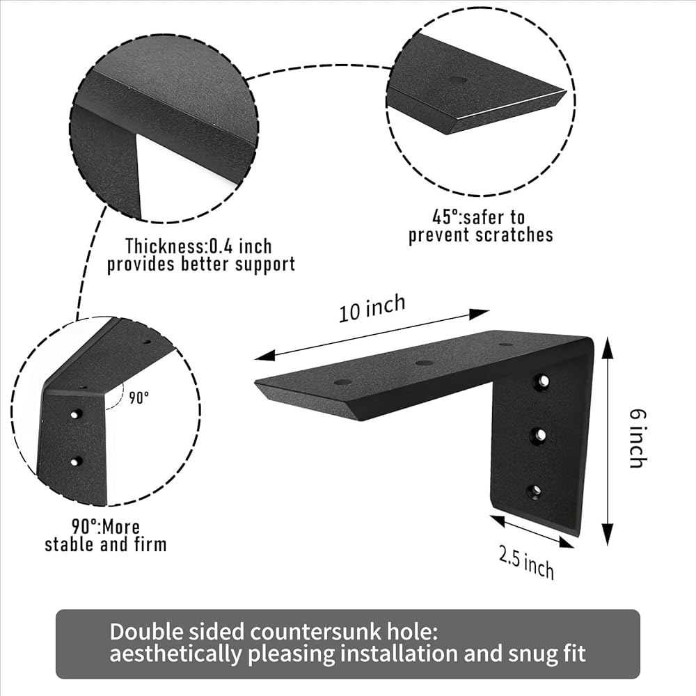 조리대 지지 브래킷 10인치 헤비 듀티 0.4인치 두꺼운 숨겨진 10 x6 x2.5 L 쿼츠/그래나이트/우드/콘크리트/ 라미네이트 조리대용 금속 코벨(2팩) - 상세 이미지 3