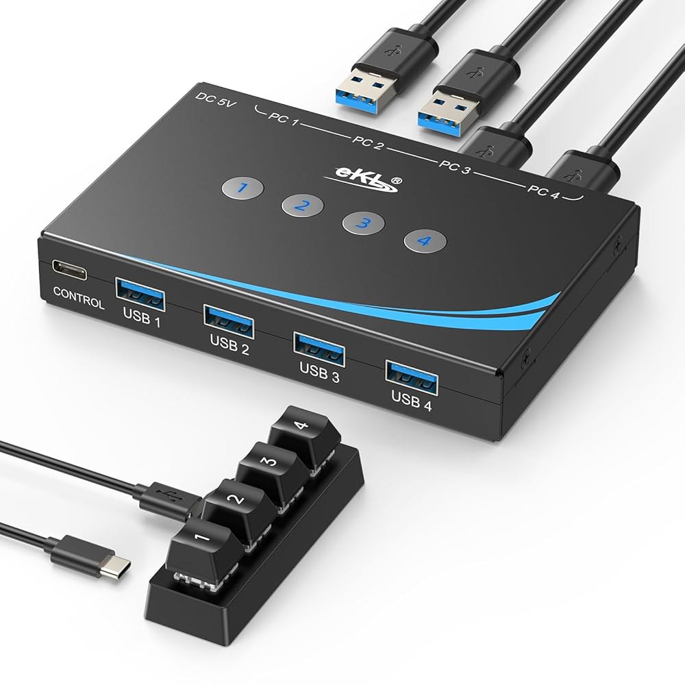 eKL USB 3.0 스위치 컴퓨터 4대, 주변기기 공유, 마우스 키보드 스캐너 프린터 3.5mm 헤드셋 잭 오디오 출력, 케이블 4개 및 리모컨 포함 - 상품 이미지