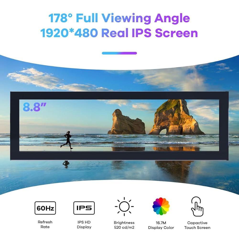 Hosyond 8.8인치 터치스크린 컴퓨터 보조 화면 1920x480 FHD IPS LCD 디스플레이, PC 케이스 AIDA64 CPU GPU 온도 모니터, 라즈베리 파이용 - 상세 이미지 2