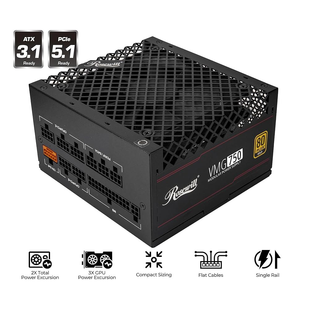 로즈윌 VMG 750W 80+ 골드, ATX 3.0 및 3.1 호환, 풀 모듈형 저소음 전원 공급 장치, PCIe 5.1 12V-2x6 커넥터, 100 일본 전기 커패시터, 120 - 상세 이미지 2