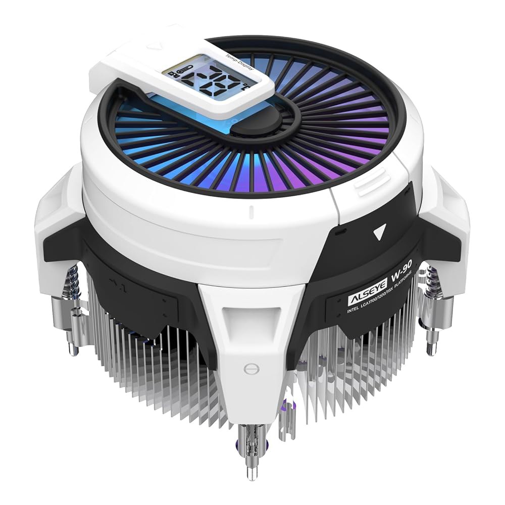 ALSEYE W90 CPU 쿨러, 강력한 90mm ARGB 조명 팬과 40mm 고성능 히트 컬럼 내부를 갖춘 소형 PC 케이스용 온도 표시 쿨러(W90 인텔 버전) - 상품 이미지