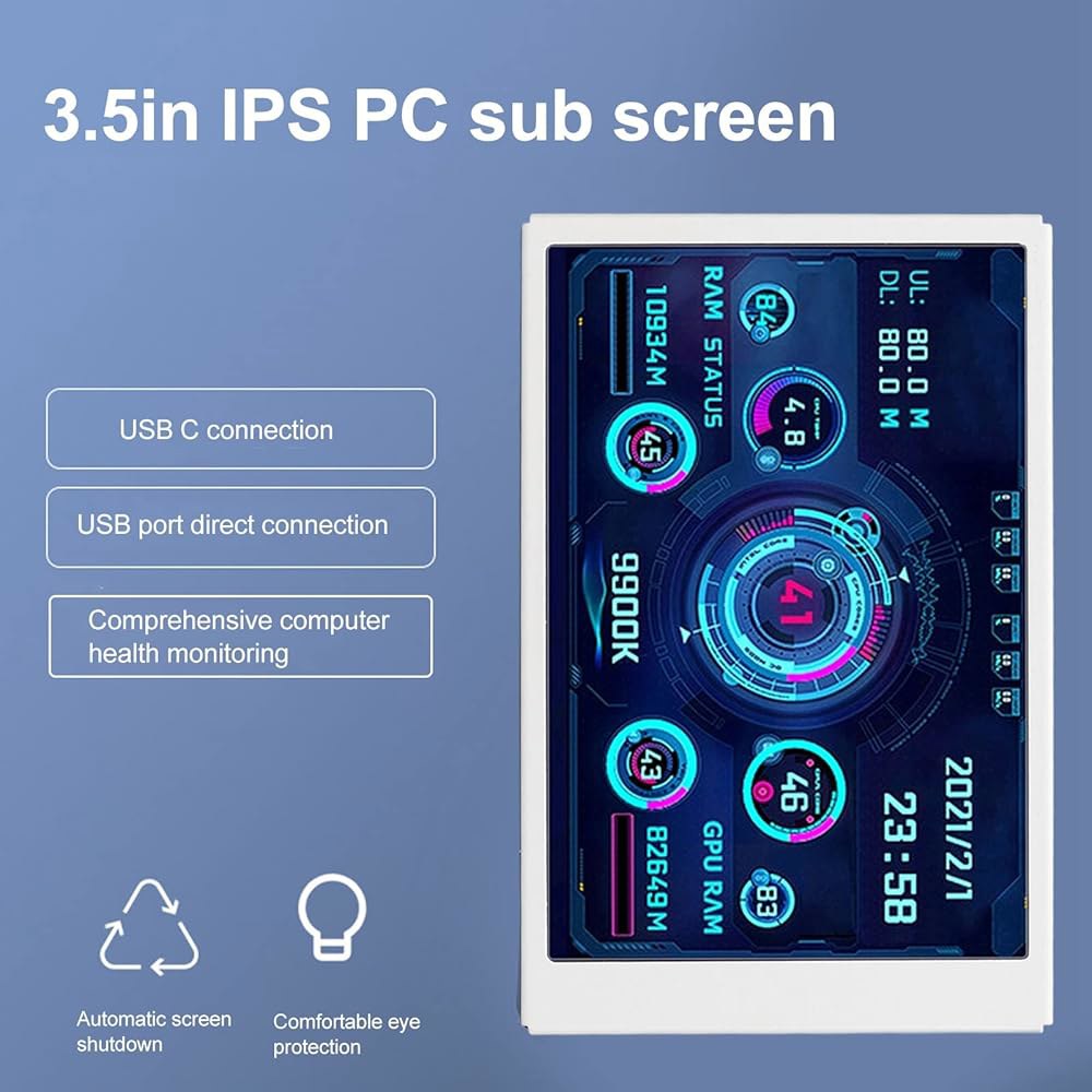 3.5인치 USB 미니 화면, PC AIDA64 컴퓨터 케이스 보조 화면용 온도 표시, 전체 보기 화면 작은 CPU HDD 데이터 모니터(흰색) White - 상세 이미지 2