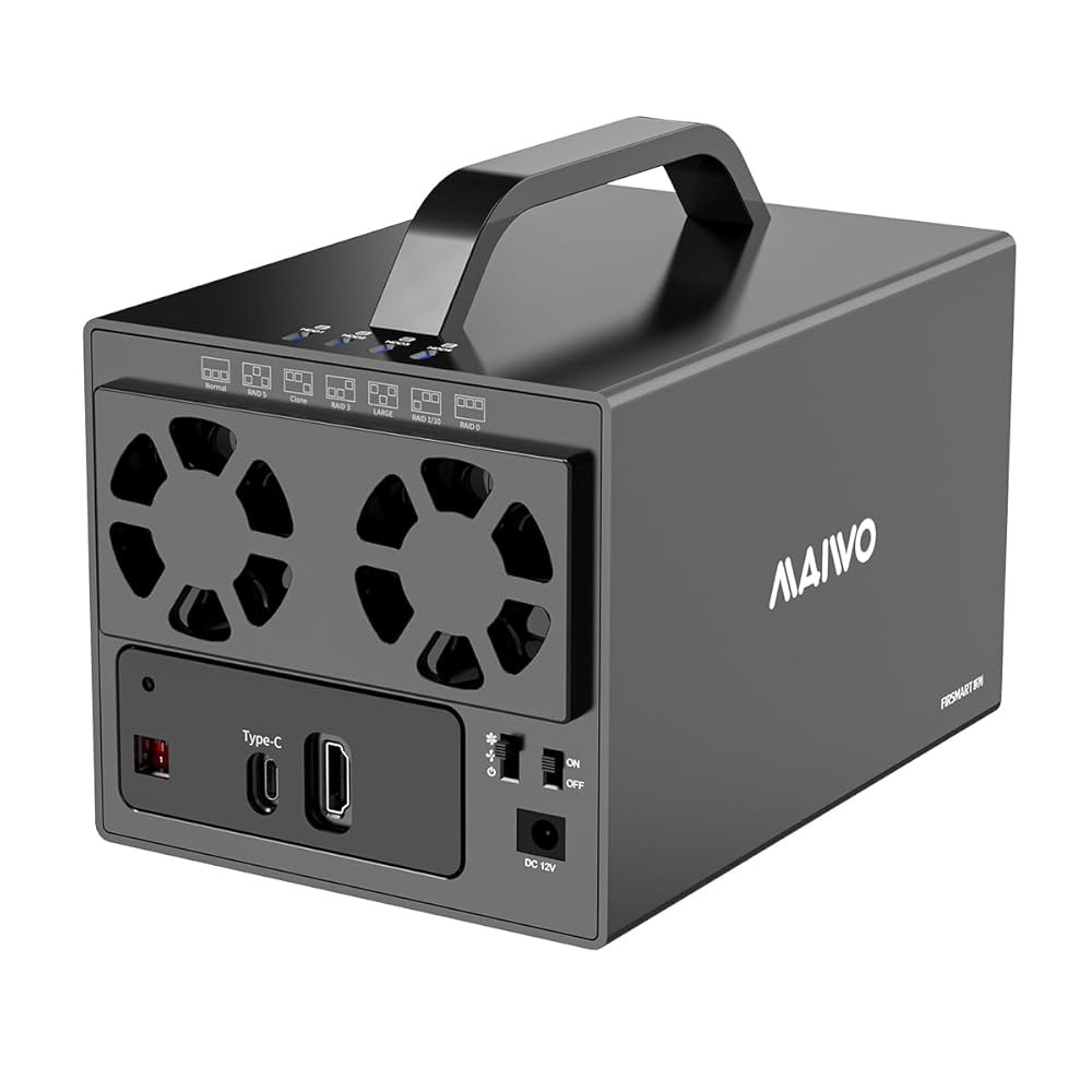 냉각 팬, USB A-C 3.1 및 C-C 케이블이 포함된 2.5인치 3.5인치 SATA 드라이브용 MAIWO USB-C 4 Bay HDD RAID 인클로저, 레이드 노멀, 0, - 상품 이미지