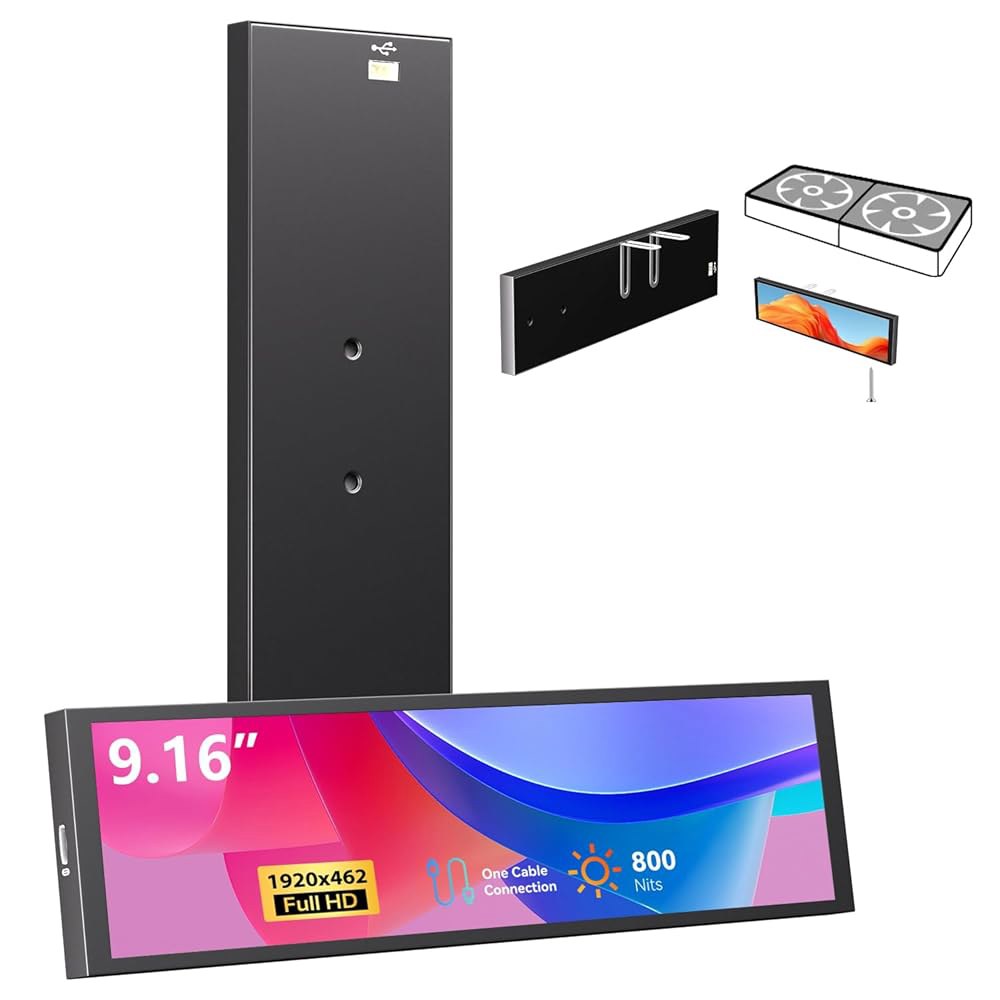 9.16인치 컴퓨터 온도 모니터, FHD 1920x462 PC 센서 패널 원케이블 연결(HDMI 필요 없음), 스트레치 바 LCD 다이내믹 테마 지원, CPU RAM HDD 데이터 - 상품 이미지