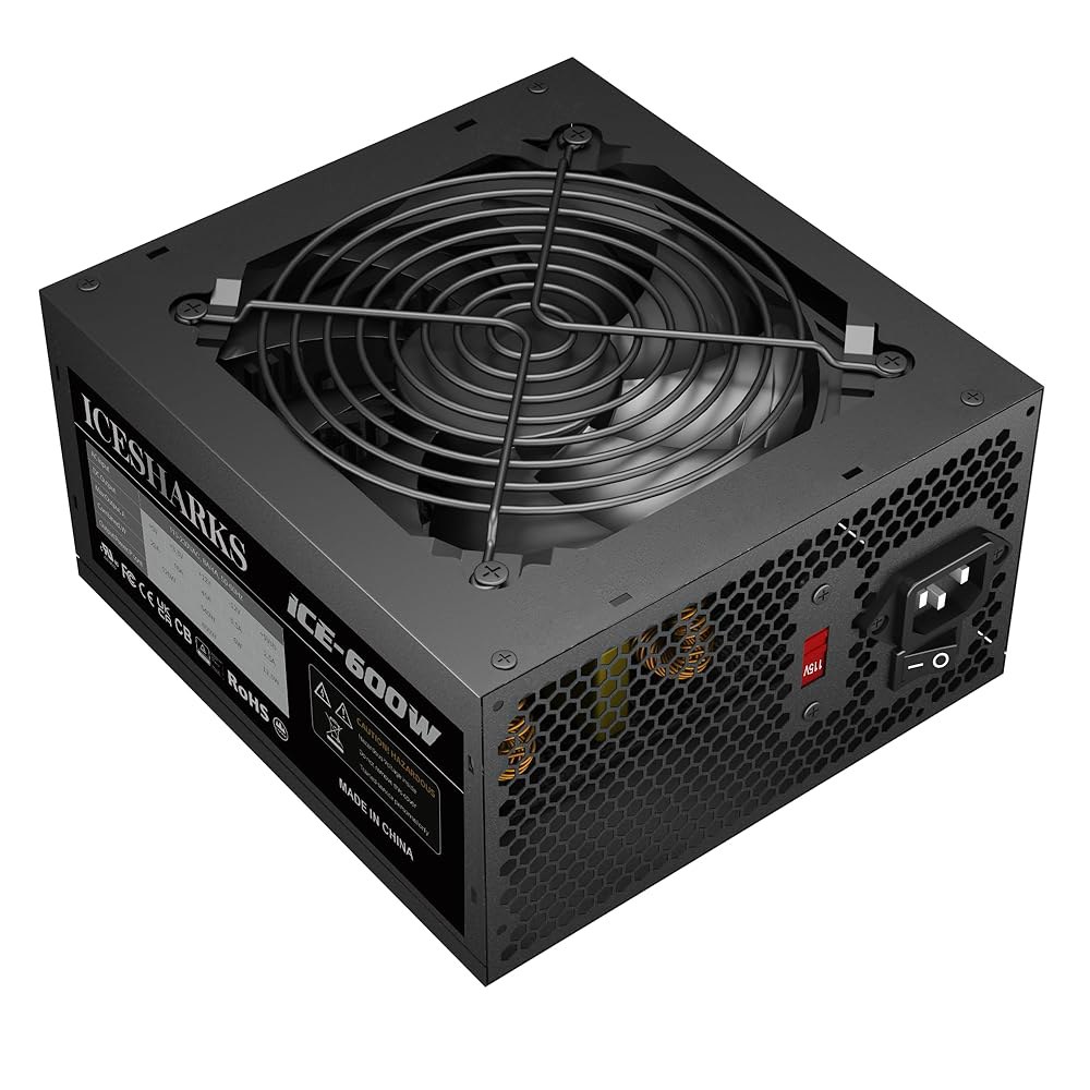 ICESHARKS 600W 비모듈형 ATX 전원 보호, 6+2 핀 커넥터가 있는 공급, AC115-230v 120mm 사일런트 팬 게이밍 PSU 블랙. 600w - 상품 이미지