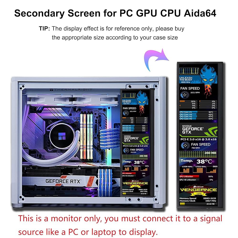 와세코코 12.6인치 미니 터치스크린 모니터 보조 화면 FHD IPS 스트레치 바 LCD 디스플레이 1920X515 HDMI, PC 노트북 컴퓨터 속도 윈도우 서브 CPU GPU - 상세 이미지 3