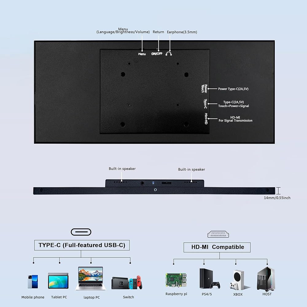 와세코코 12.3인치 터치스크린 모니터 IPS 1920x720 스트레치 바 LCD 미니 보조 화면 휴대용 디스플레이 HDMI 노트북 PC 온도 Aida64 GPU RAM 모니터링용 - 상세 이미지 3