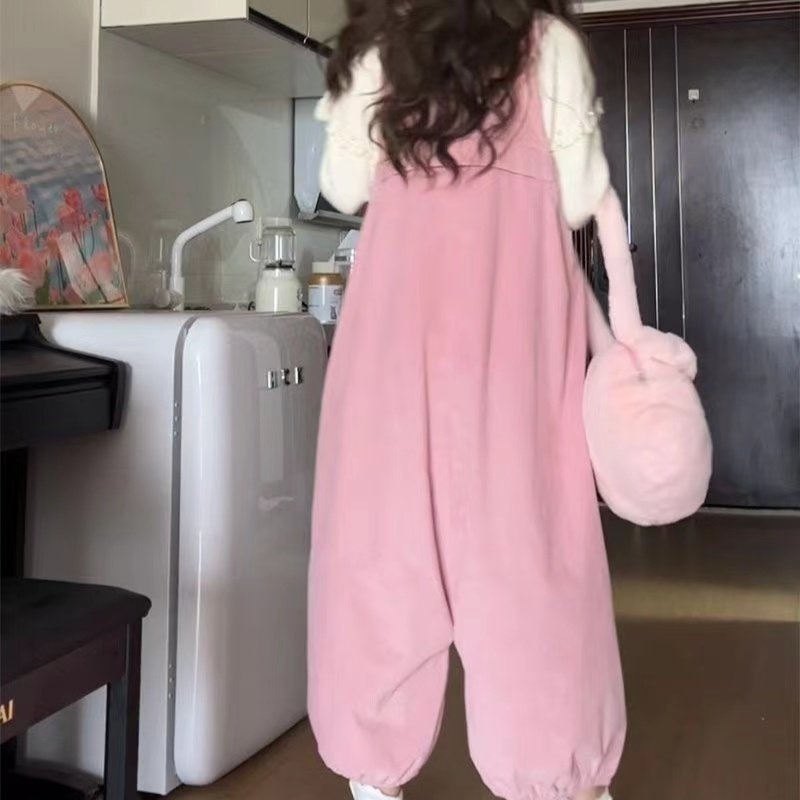 로리타룩 곰돌이 패치 골덴 벨벳 루즈핏 벌룬핏 와이드 멜빵 바지 귀여운 데일리 넉넉한 - 상세 이미지 4