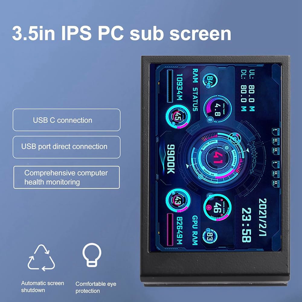 윤세이티 컴퓨터 온도 모니터, AIDA64 PC CPU 하드 디스크 실시간 데이터 USB 타입 C 포트가 있는 3.5인치 미니 스크린 센서 패널 디스플레이(블랙) Black - 상세 이미지 2