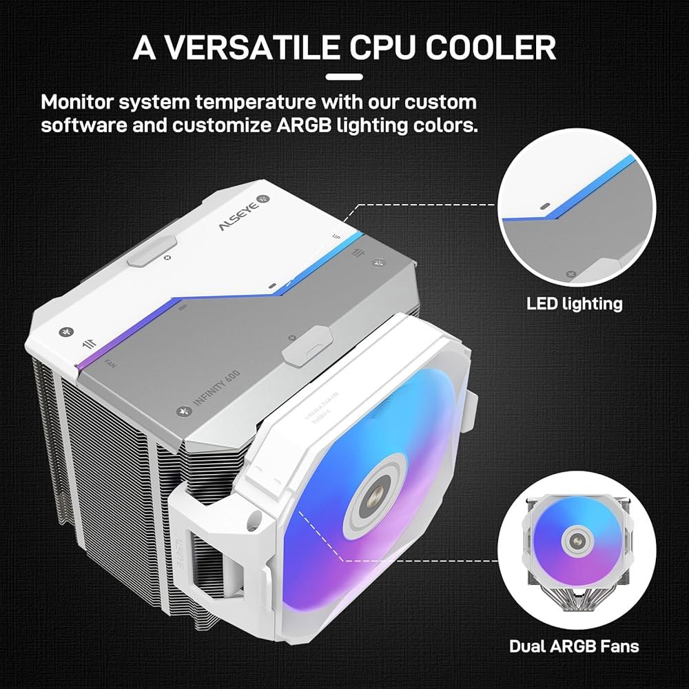 ALSEye i600 듀얼 타워 CPU 에어쿨러 260W TDP 6 히트 파이프 ARGB 조명 동기화, 인텔 LGA 115X /1200 /1700 /1851 및 AMD AM4 /A - 상세 이미지 2
