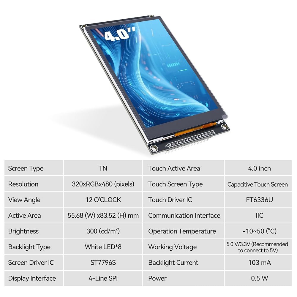 Ransanx 1PCS LCD 디스플레이 4.0인치 320x480 TN 정전식 터치스크린 Esp32 모듈 SPI 시리얼 ST7796S 드라이버 (아듀이노 R3 /메가2560용) - 상세 이미지 3