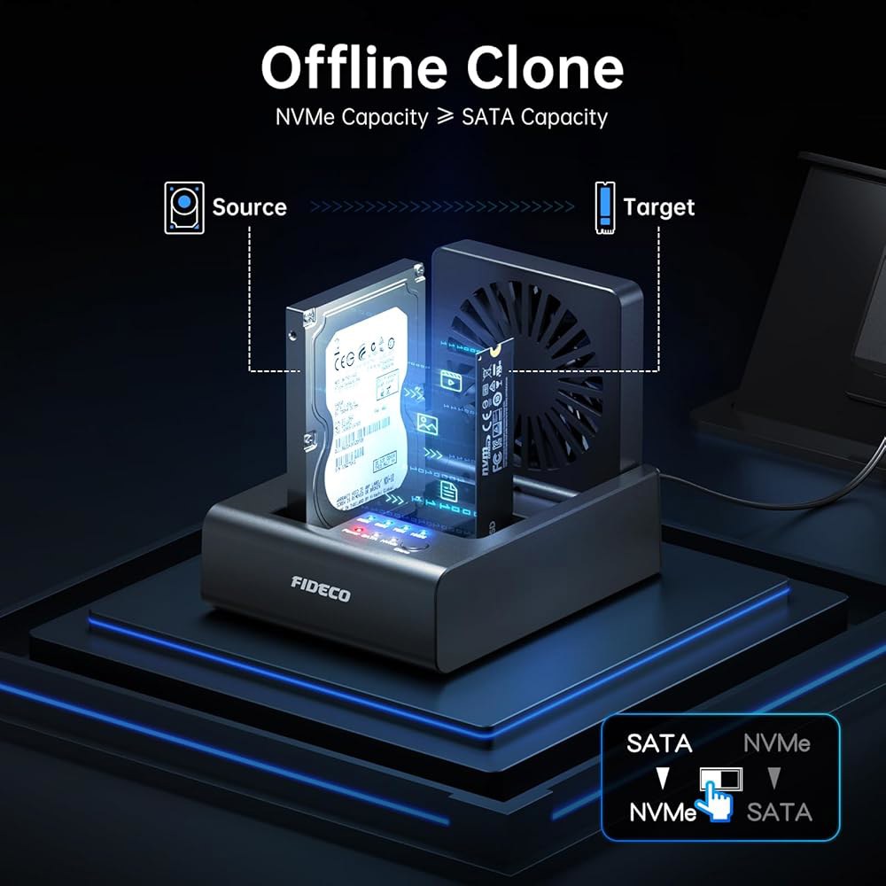 양방향 오프라인 클론, M.2 NVMe SSD 및 2.5 /3.5 SATA HDD용 FIDECO 하드 드라이브 도킹 스테이션, NVMe에서 USB 어댑터 접이식 냉각 팬을 갖춘 - 상세 이미지 2