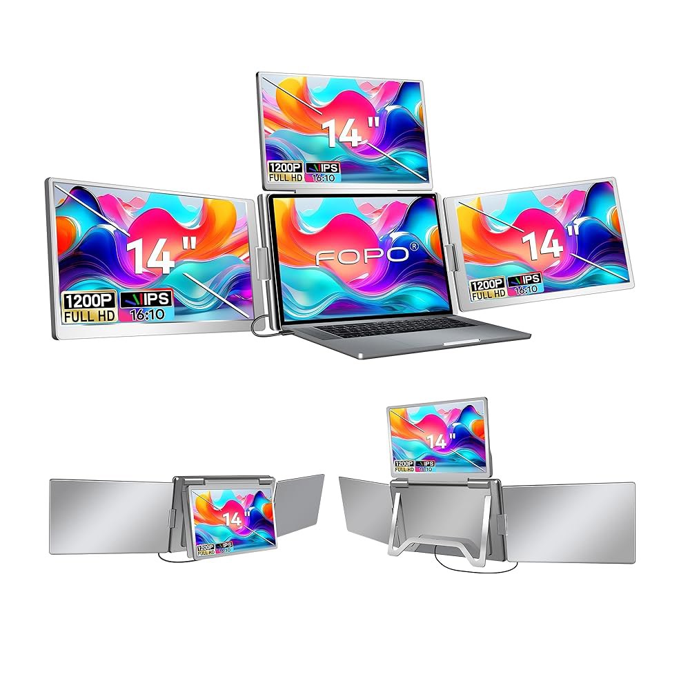 FOPO 14인치 노트북 화면 익스텐더, FHD 1080P IPS 모니터 3스크린 쿼드 모니터용 케이블 1개, 12인치-17.3인치 노트북용 트리플 Windows 10 /11 및 - 상품 이미지