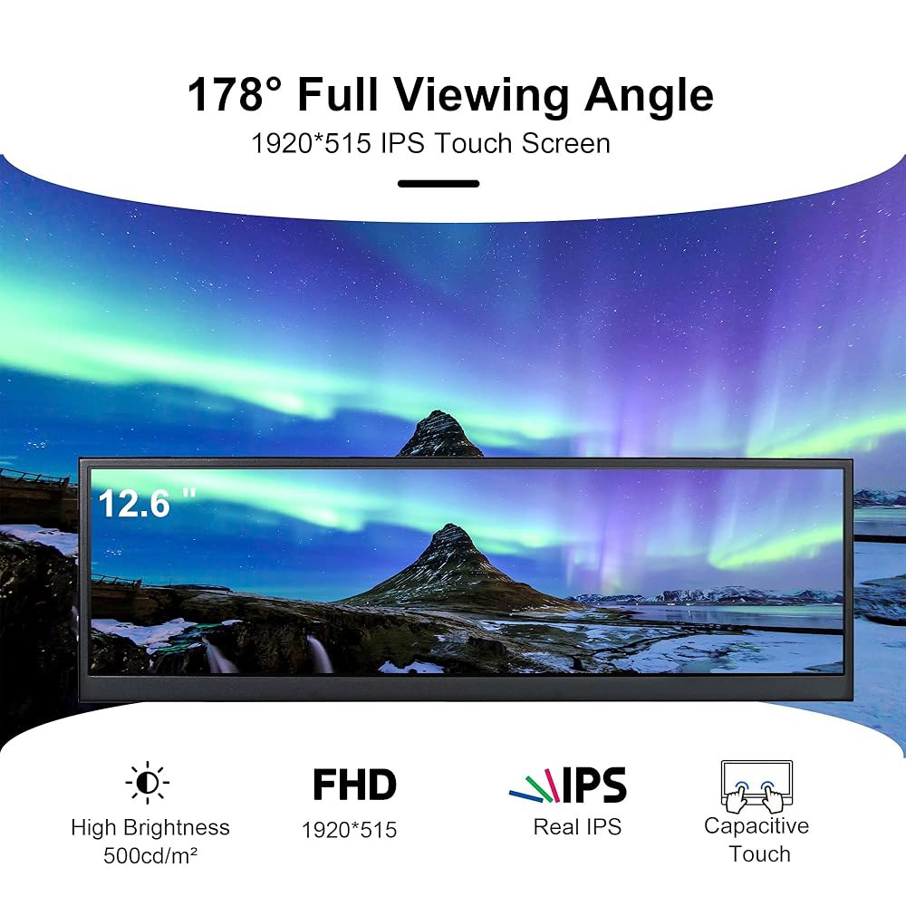 와세코코 12.6인치 미니 터치스크린 모니터 보조 화면 FHD IPS 스트레치 바 LCD 디스플레이 1920X515 HDMI, PC 노트북 컴퓨터 속도 윈도우 서브 CPU GPU - 상세 이미지 2