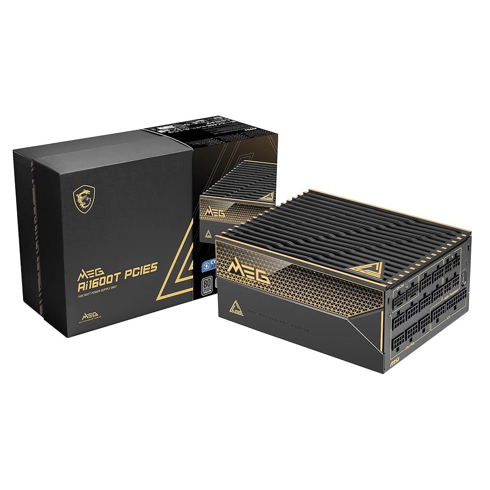 MSI MEG Ai1600T PCIE5, 완전 모듈형 게이밍 1600W 전원 공급 장치, 80+ 티타늄, 듀얼 12V-2x6 케이블, 서버급 커패시터, ATX 3.1 및 PCIe - 상품 이미지