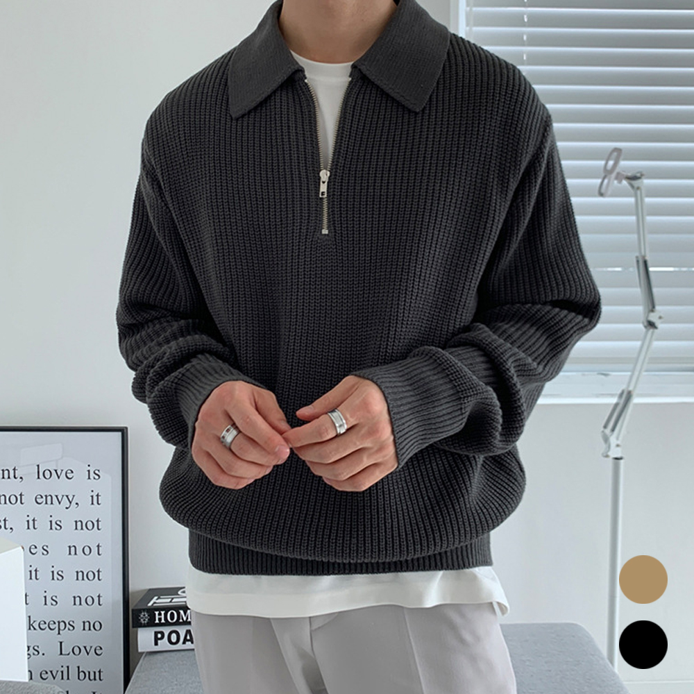 남자 캐주얼 세미룩 반집업 겨울 외출 데일리 니트 긴팔 카라 티셔츠 - 상품 이미지