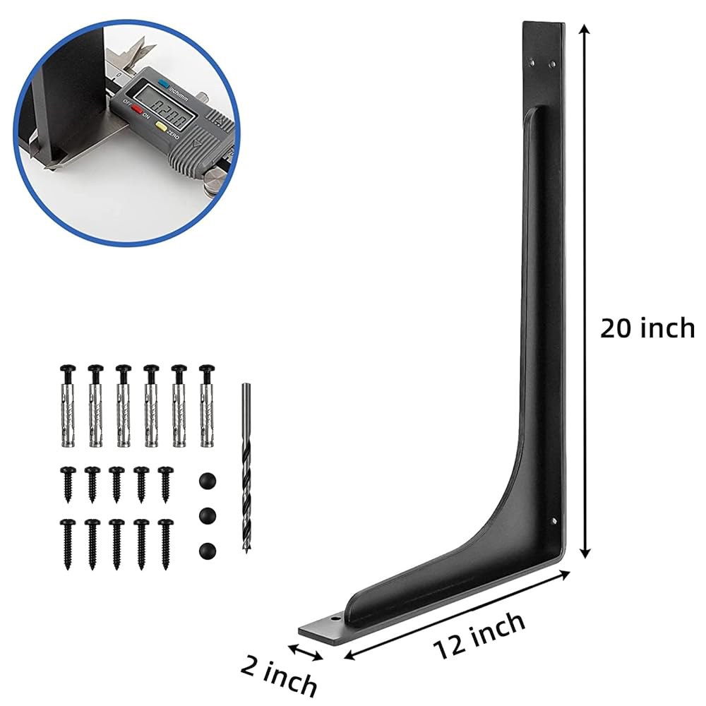 PIECESA 20 x 12 인치 선반 브래킷, L 수직 각도, 프리미엄 합금 금속 헤비 듀티 고강도 장착 하드웨어 포함, 모서리 브레이스 조인트, 2 개 - 상세 이미지 3
