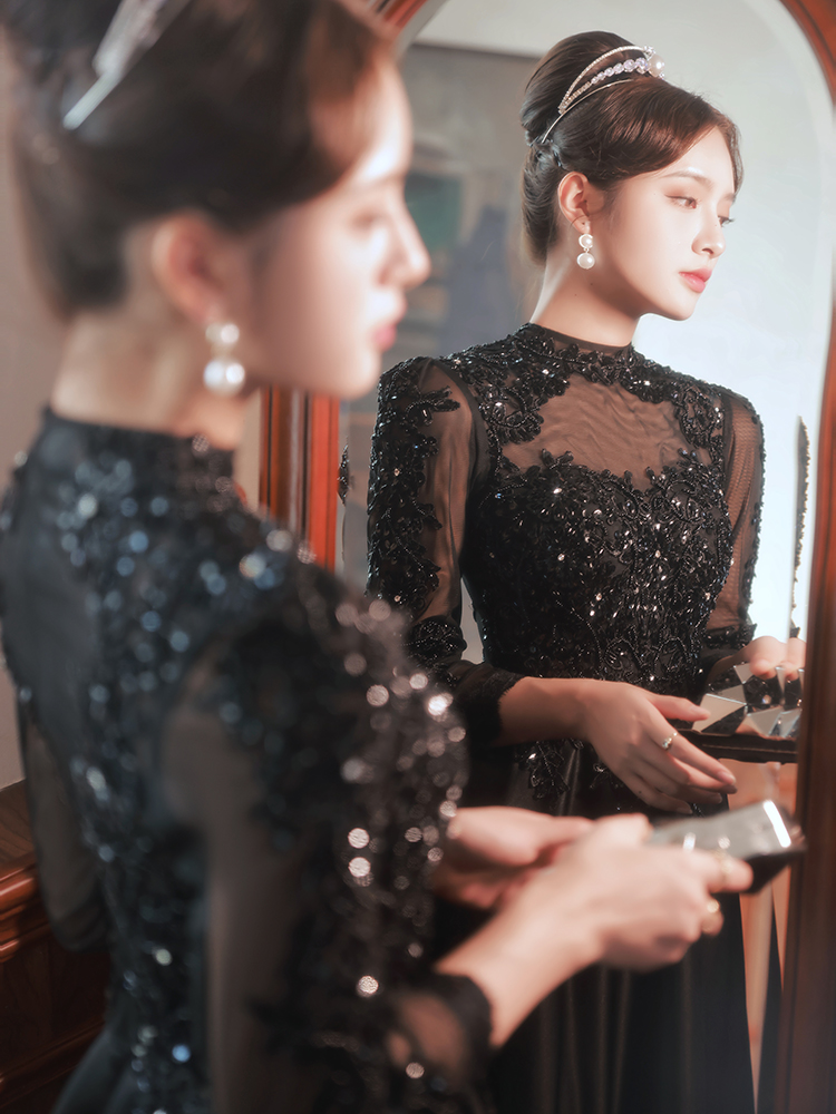블랙 드레스 성악대회 시상식 돌잔치 연주복 이브닝 공연 의상 - 상세 이미지 2