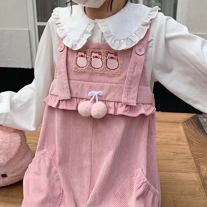 로리타룩 곰돌이 패치 골덴 벨벳 루즈핏 벌룬핏 와이드 멜빵 바지 귀여운 데일리 넉넉한 - 상세 이미지 3