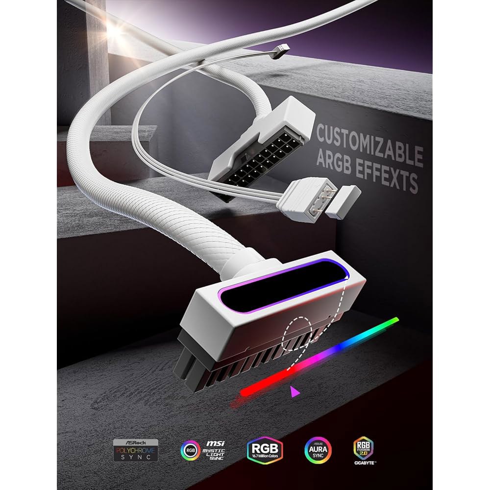 AsiaHorse Hydrus-24PIN PC PSU 익스텐션, ATX 24PIN 마더보드 전원 90 직각 설계, 650W 공급, 케이스 관리 및 DIY 애호가에게 적합 (화이트, - 상세 이미지 2