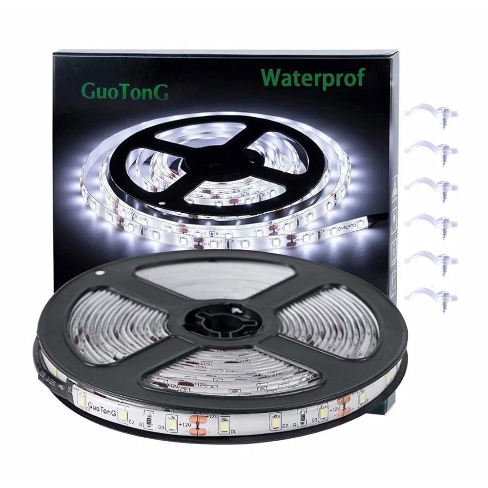 궈통 화이트 LED 스트립 조명, 방수 컷테이블 300 SMD 2835 테이프, 6000K 12V 16.4피트/5m 플렉시블 리본, 주방 캐비닛 실외/실내(전원 공급 없음) - 상품 이미지
